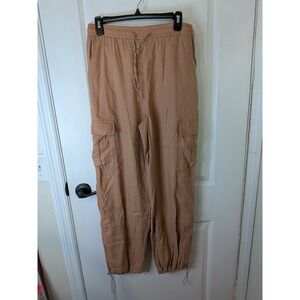 Love Tree Tan Linen Blend Cargo Pants Elastic Waist Cinch Hem Womens Large L